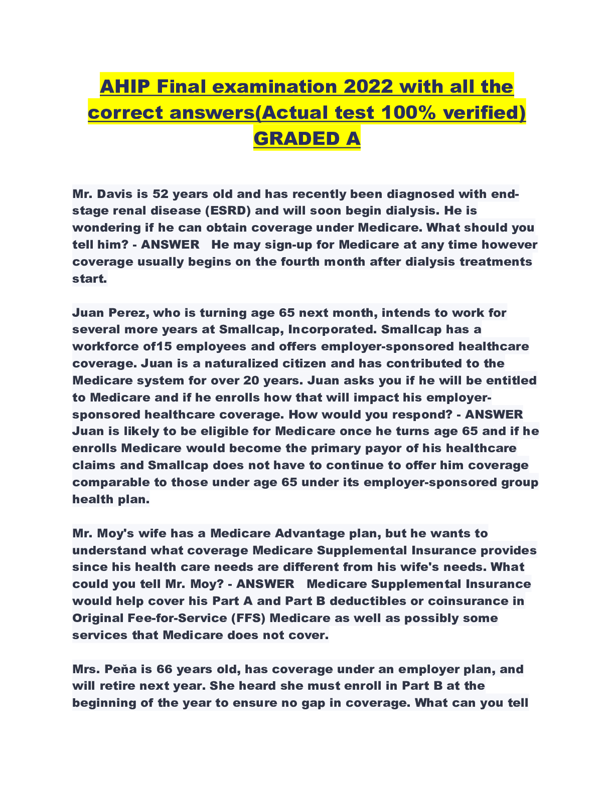 Preview image for AHIP - Final examination 2022 with all the correct answers(Actual test 100% verified)